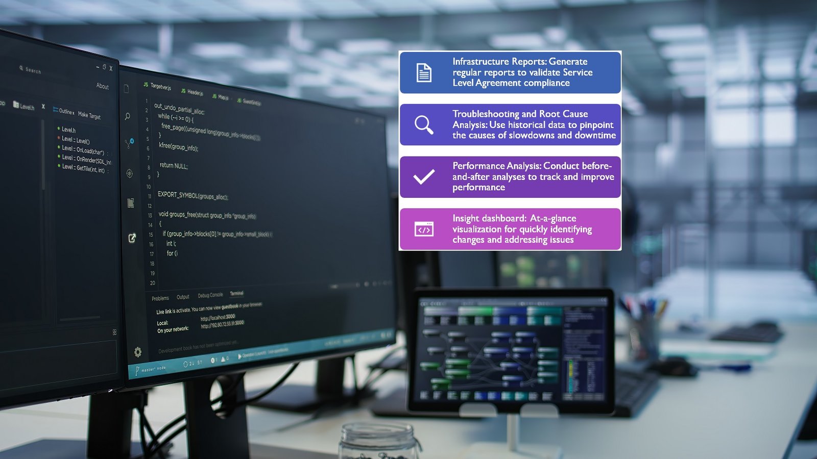 Devices in data center employing machine learning technology to maintain company network infrastructure. Advanced tech used in server hub to ensure optimal system performance