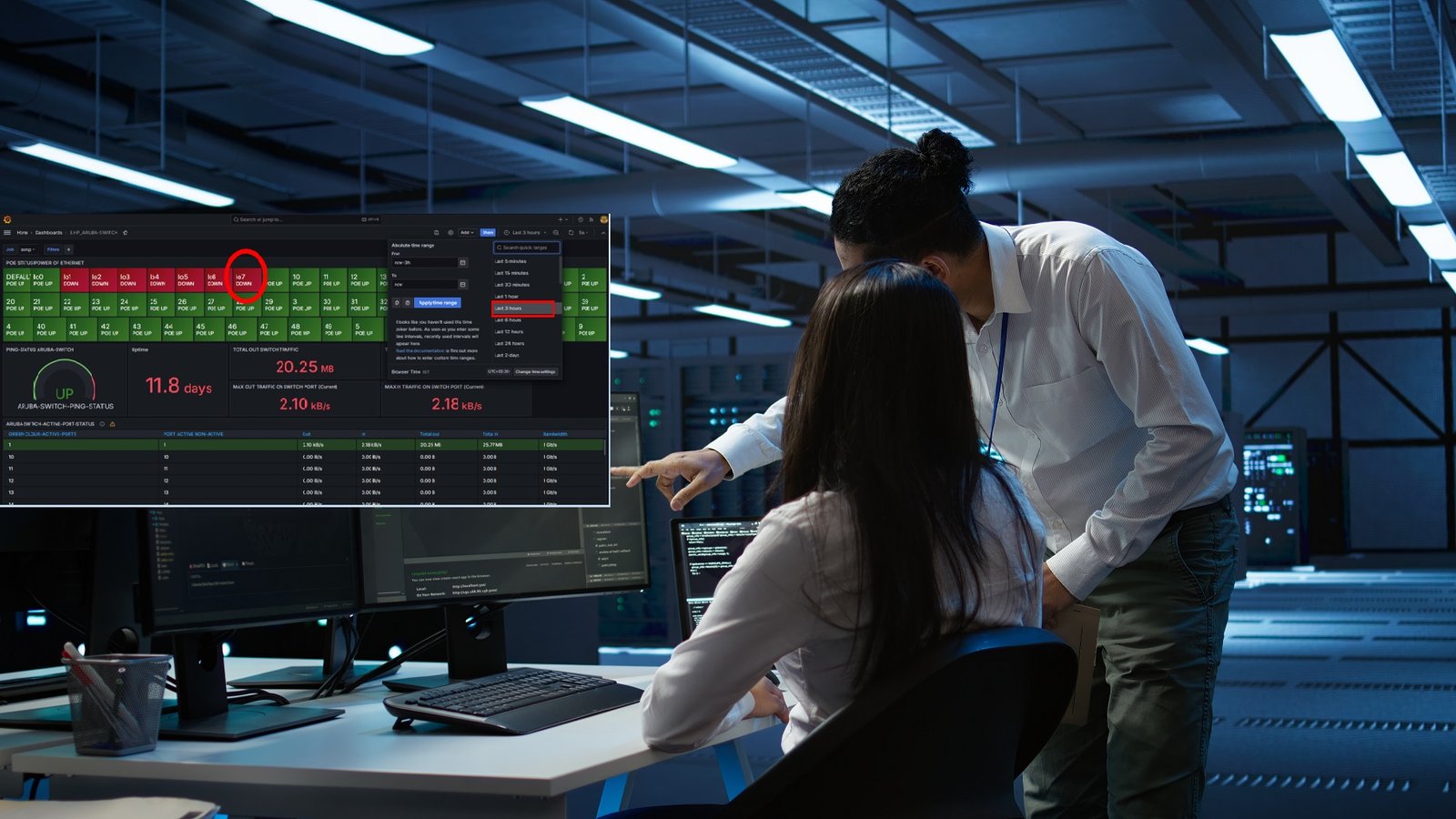 Computer scientists in data center managing and maintaining databases, ensuring data integrity and security. IT staff members updating server room systems using, camera B